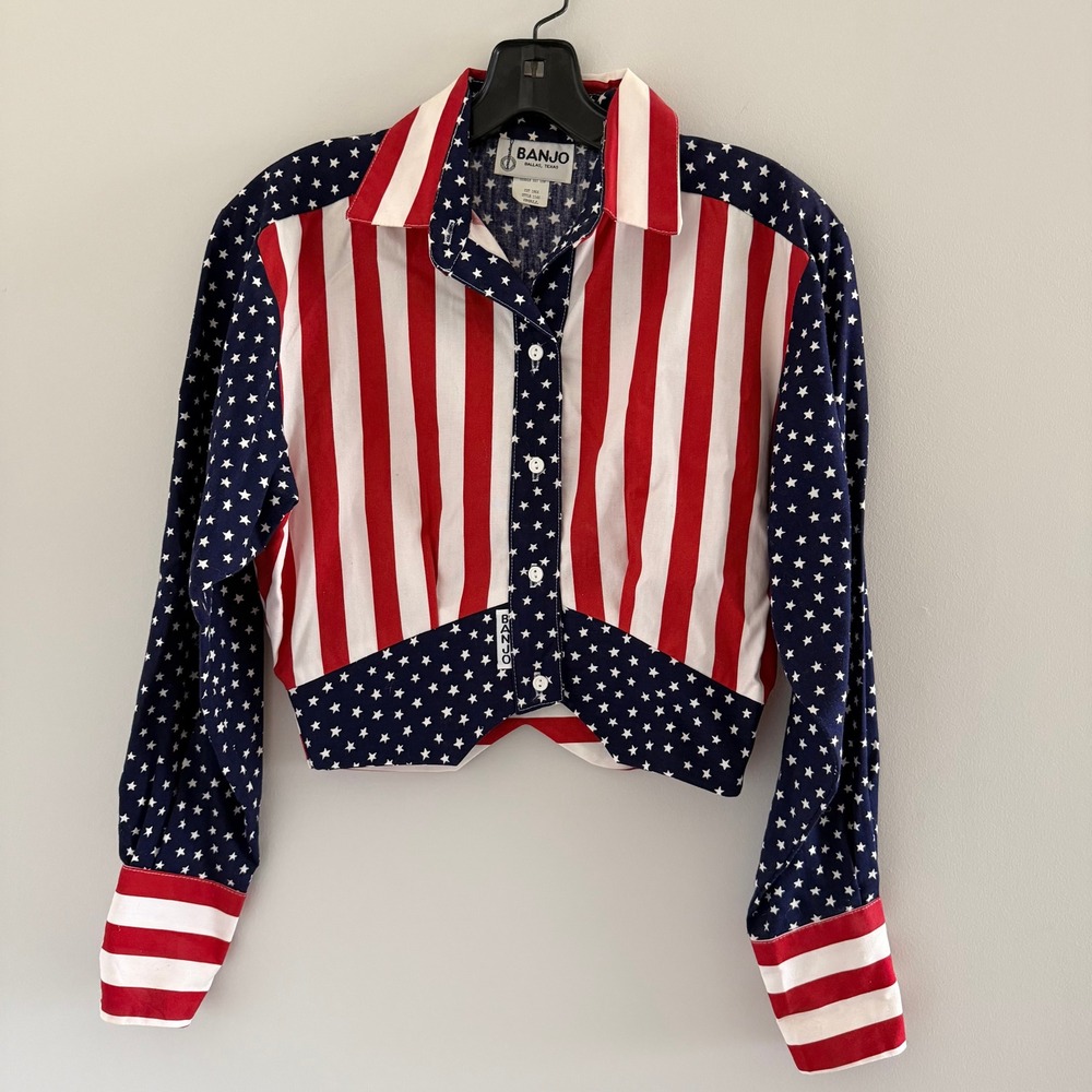 Banjo American Flag Western Crop Top Stars Stripes Made in USA S Rodeo Cowgirl